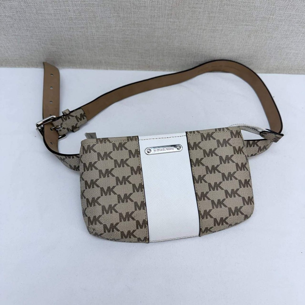Michael Kors MK Logo Belt Bag Fanny Pack Beige White Silver Tone Hardware
